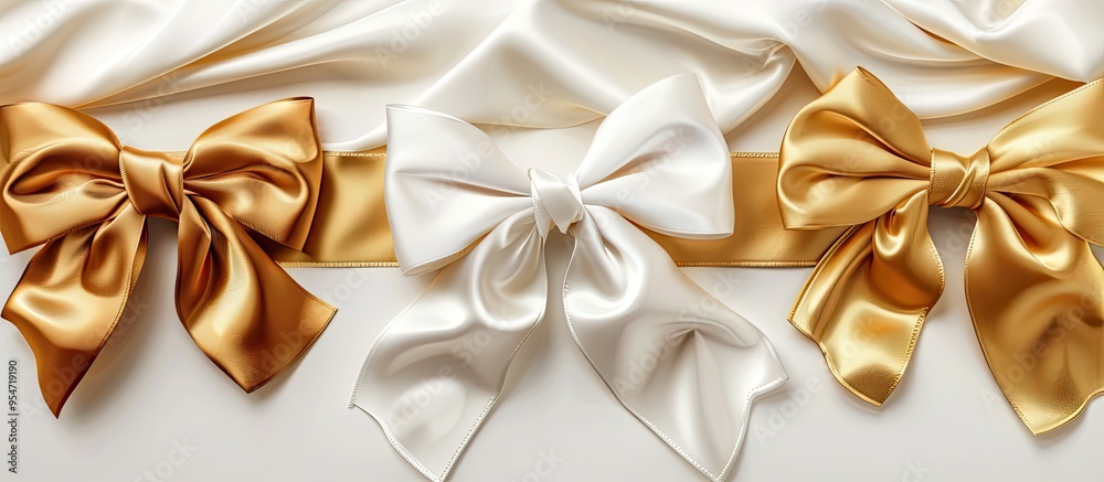 Poster gold satin horizontal gift ribbons and bow set against a white background. with copy space image. Place for adding text or design