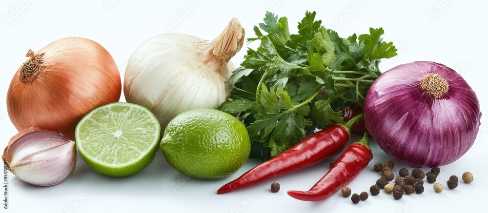 Aufkleber Vegetables on a white background onion lime chili pepper garlic shallots. with copy space image. Place for adding text or design