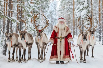 Santa Claus in Traditional Red Suit with White Fur and Reindeer in Snowy Forest, Winter Wonderland