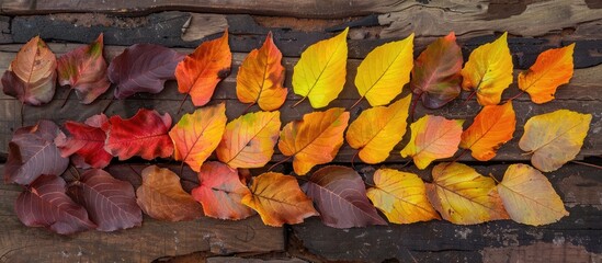 Creative arrangement of vibrant autumn leaves on a weathered wooden surface A gradient of fall leaf colors Top view copyspace