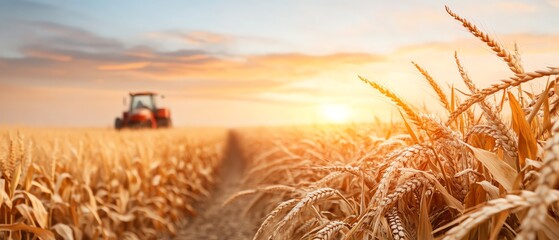 A tractor working in a golden wheat field during a beautiful sunset, showcasing agricultural machinery and ripe crops ready for harvest.