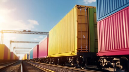 Fototapeta premium Colorful cargo containers on freight train at sunset, symbolizing global trade, logistics, and transportation against a beautiful sky.