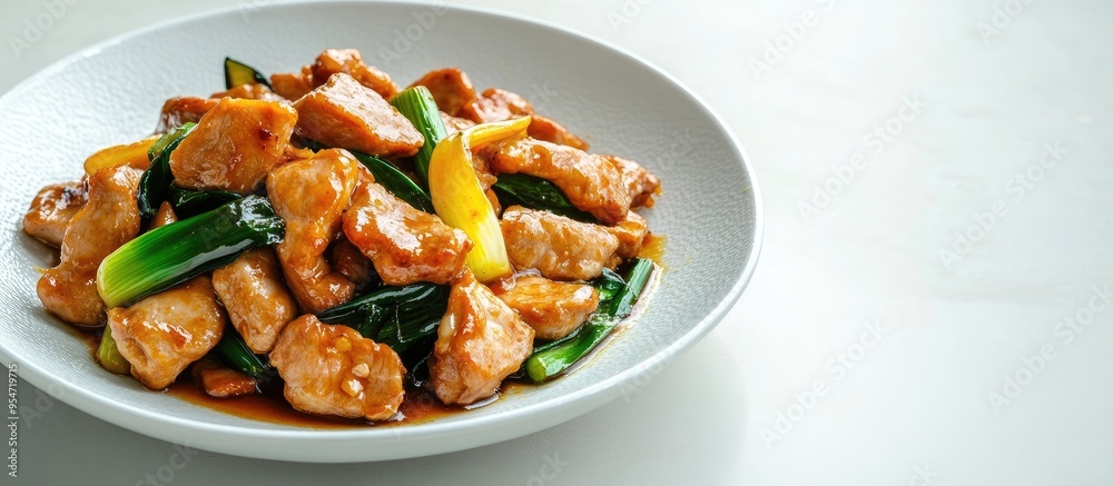 Poster asian cuisine stir fried pork with chinese leeks. with copy space image. place for adding text or de