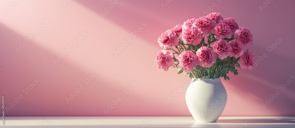 Aufkleber Vase containing lovely carnation flowers on a table by a colored wall. with copy space image. Place for adding text or design