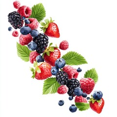 Obraz premium Flying fresh berries: Strawberries, Raspberries, Blueberries and Blackberries on white background.