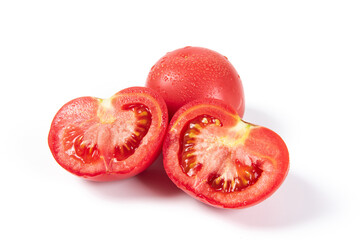 Fresh juicy tomato with cut in half isolated on white background.