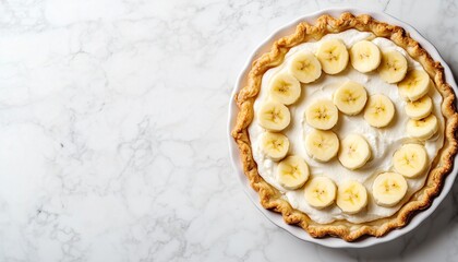 Banana cream pie pastry homemade dessert with topping banana slice flat lay