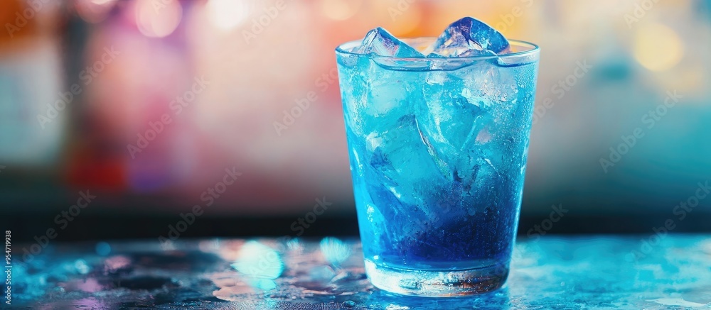 Poster blue jack frost cocktail in a glass toned selective focus. with copy space image. place for adding t