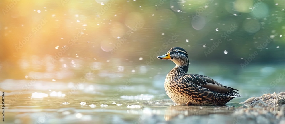Poster A spot billed duck is resting at the shore. with copy space image. Place for adding text or design