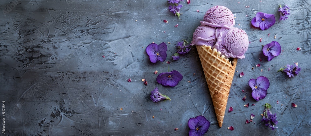 Poster violet dried flower with small petals in a waffle ice cream cone on a gray background copyspace
