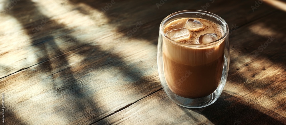 Poster Iced mocha coffee in a double walled glass resting on a wooden table. with copy space image. Place for adding text or design