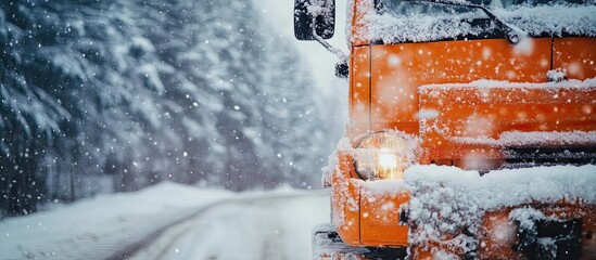 orange snow brush for vehicle snowflakes backdrop. with copy space image. Place for adding text or design