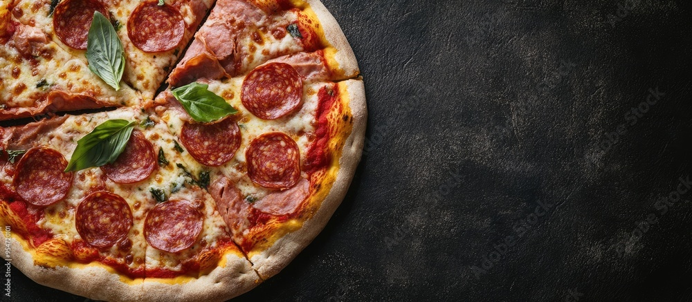Poster delicious traditional italian pizzas featuring salami and meat. with copy space image. place for add