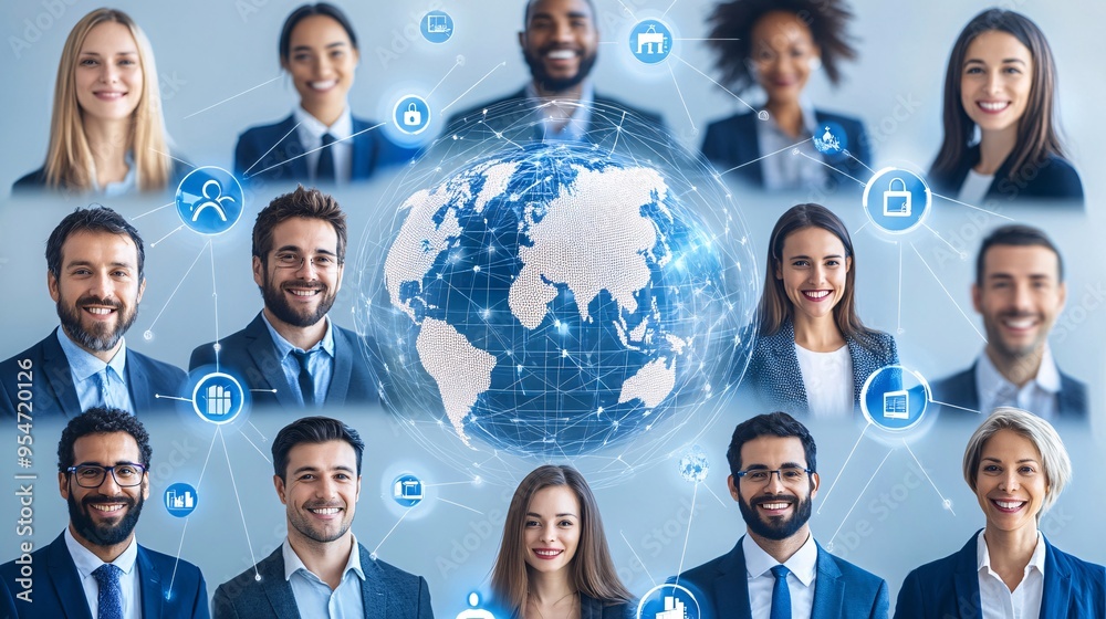 Poster Global connection depicted through a video call with participants in diverse settings including a desert a rainforest and a busy urban area highlighting the ability to work from any environment Stock