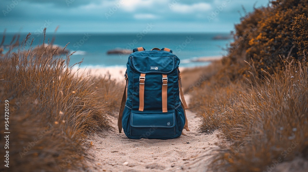 Aufkleber Backpack and tech gear resting on a sandy path leading to a beach the backpack is open revealing a laptop tablet and camera with the ocean visible in the distance representing the nomadic lifestyle
