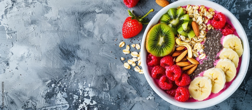 Poster Top view of a smoothie bowl featuring fresh fruits and nuts on a grey background. with copy space image. Place for adding text or design