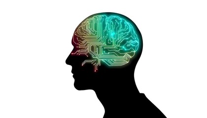 Obraz premium Thinking digitally, a digital depiction of a circuit board as a brain suggesting business decision and AI isolated on a white background