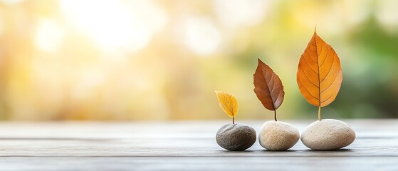 Stones with autumn leaves on top arranged in a row on a wooden surface with blurred nature background in soft sunlight.