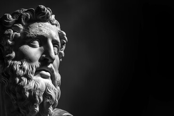 Ancient Roman or Greek statue closeup, white marble, high contrast. Side view with copy space. Sculpture, face of a mythological hero, portrait of god on black background