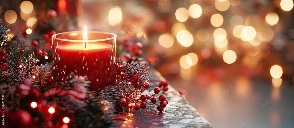 Poster Christmas decor with a candle set against red festive lights. with copy space image. Place for adding text or design