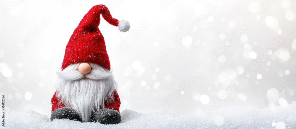 Poster Christmas postcard featuring a Scandinavian gnome in a red hat Gnome on a white background with blank space for text. with copy space image. Place for adding text or design
