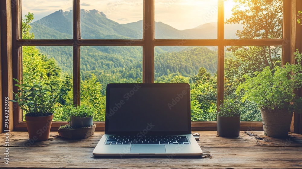 Poster mountain retreat office with a cozy cabin nestled in the woods an open laptop sits on a rustic woode