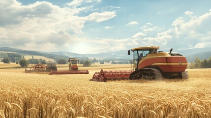Fototapeta premium Combine harvesters working in a golden wheat field on a sunny day, capturing the essence of agricultural machinery and rural life.