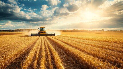 Fototapeta premium Combine harvester working on a vast golden wheat field under a dramatic, cloudy sunset sky, showcasing agricultural machinery and farming productivity.