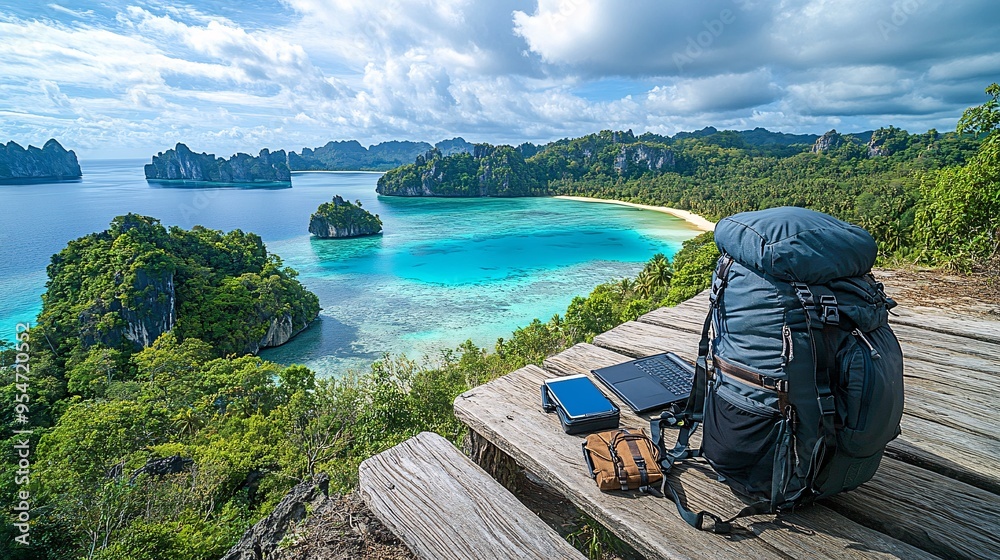 Aufkleber backpack and tech gear spread out on a wooden bench overlooking a scenic travel destination the back