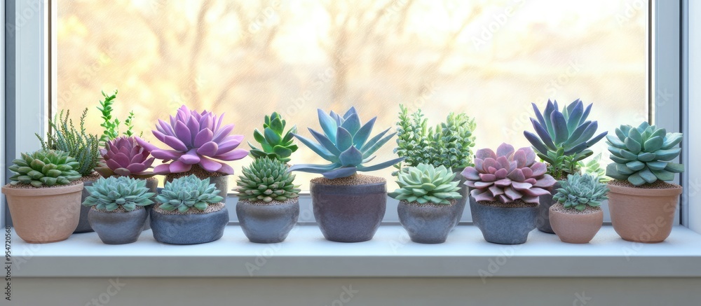 Fototapete collective arrangement of succulents on the windowsill. with copy space image. place for adding text