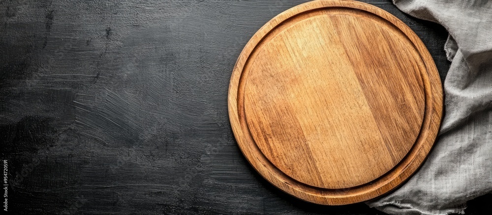 Leinwandbilder empty wooden plate on a black table with a napkin round pizza tray on a dark wooden surface cutting 