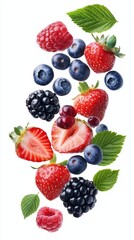 Obraz premium Flying fresh berries: Strawberries, Raspberries, Blueberries and Blackberries on white background.
