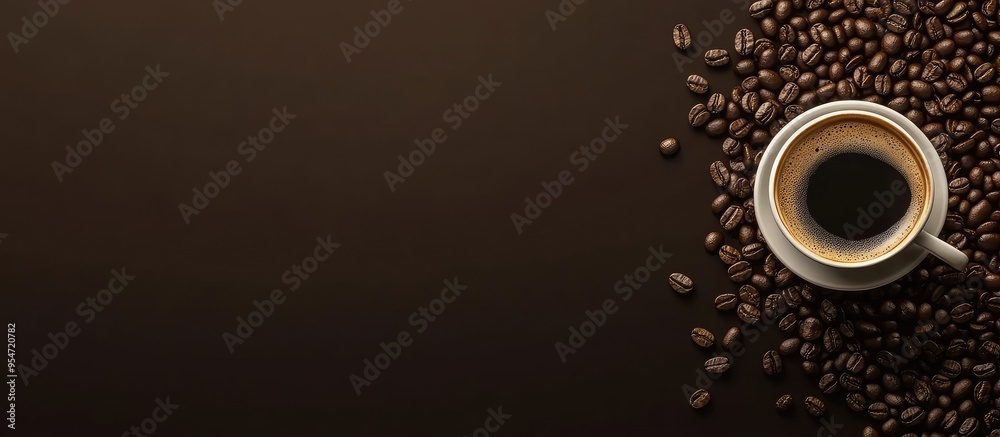 Poster Cup of coffee with a backdrop of coffee beans. with copy space image. Place for adding text or design