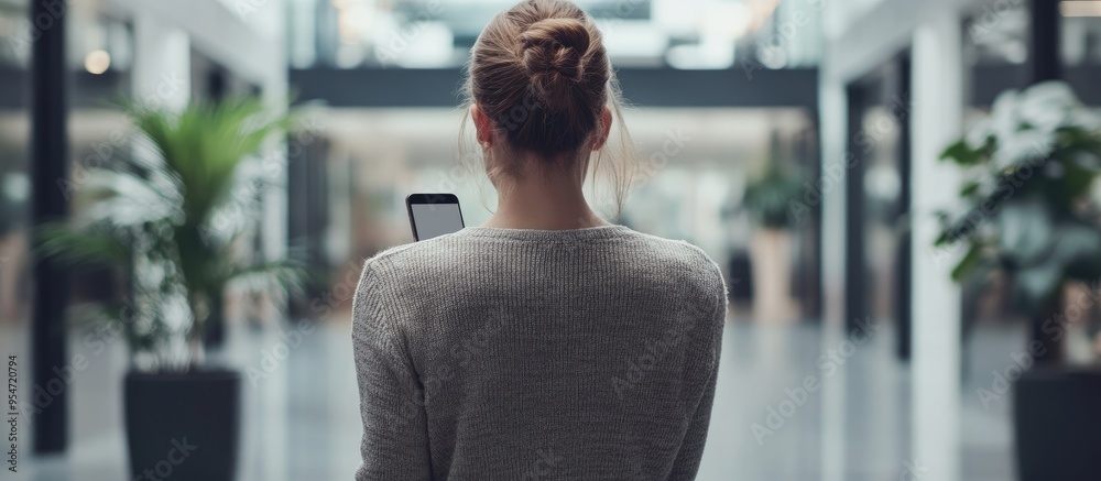 Poster back view of an unidentified female employee sending text messages on her mobile phone with a black 