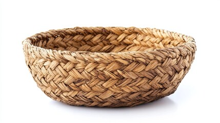Obraz premium Handcrafted basket woven from natural bast fibers, isolated on a pure white backdrop. 