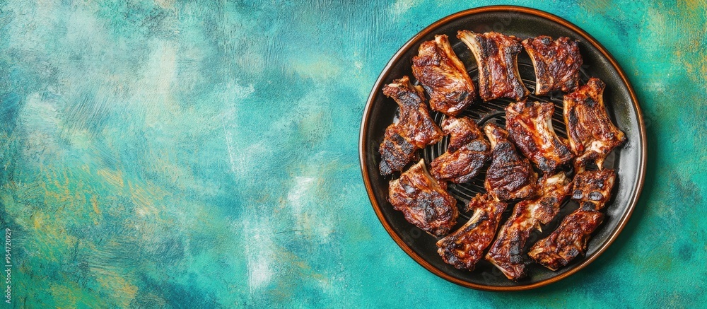 Aufkleber advertising concept for a restaurant a plate on a table featuring a pile of meat cooked on a charcoa
