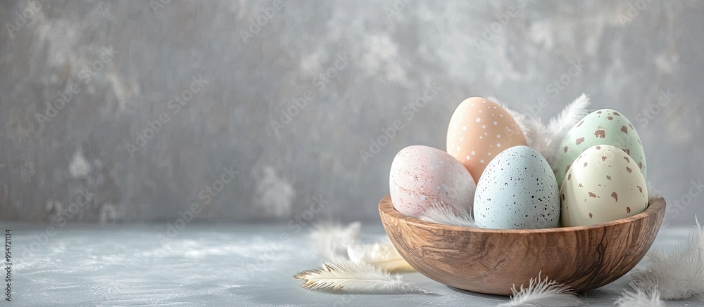 Poster Easter eggs and feathers arranged in a wooden bowl on a gray background Concept of a joyful Easter holiday. with copy space image. Place for adding text or design