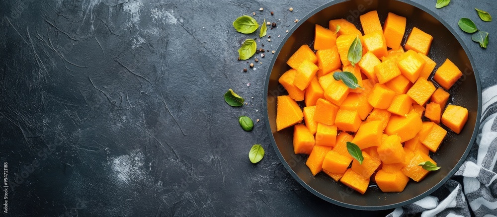 Fototapete Blurred diced butternut squash in a saute pan with cream from a top view. with copy space image. Place for adding text or design