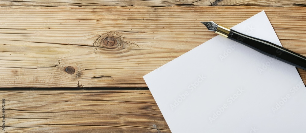 Aufkleber blank paper and pen on a wooden surface. with copy space image. place for adding text or design