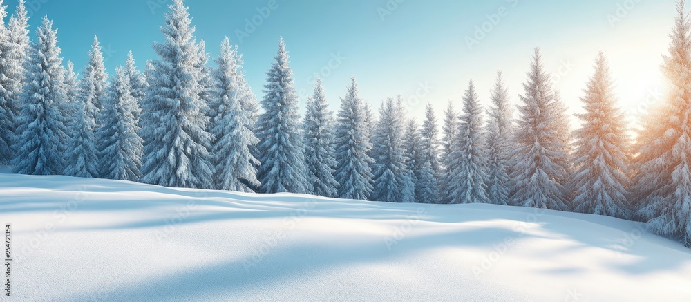 Leinwandbilder sunny winter forest featuring pine trees blanketed in snow under a blue sky. with copy space image. 