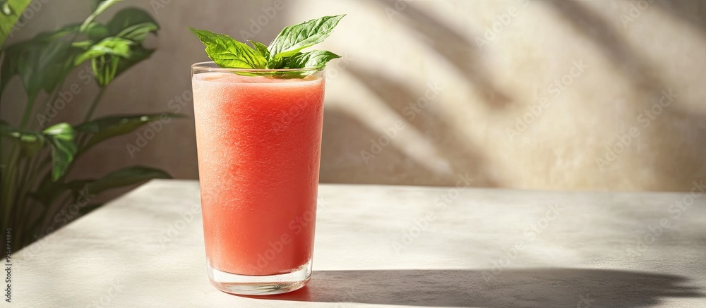 Leinwandbilder a glass of fresh watermelon smoothie on a light colored table. with copy space image. place for addi