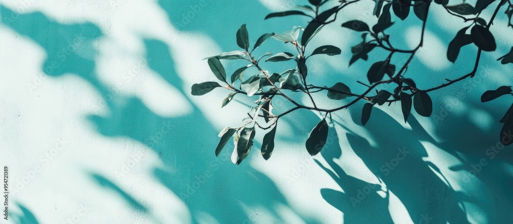 Poster abstract diagonal shadows of tree leaves on a mint blue wall texture concept background featuring tr