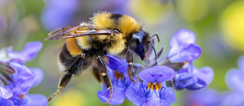 A Xylocope violet Xylocopa violacea honey bee pollinating a flower plant. with copy space image. Place for adding text or design