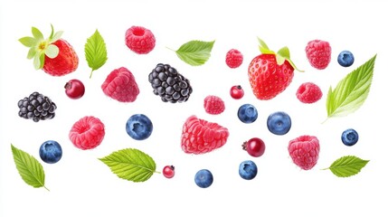 Flying fresh berries: Strawberries, Raspberries, Blueberries and Blackberries on white background.