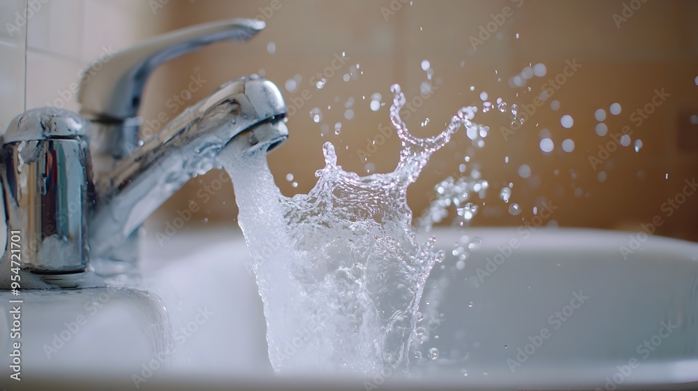 Poster closeup shot of water splashing and flowing into a sink from a running faucet creating a dynamic and