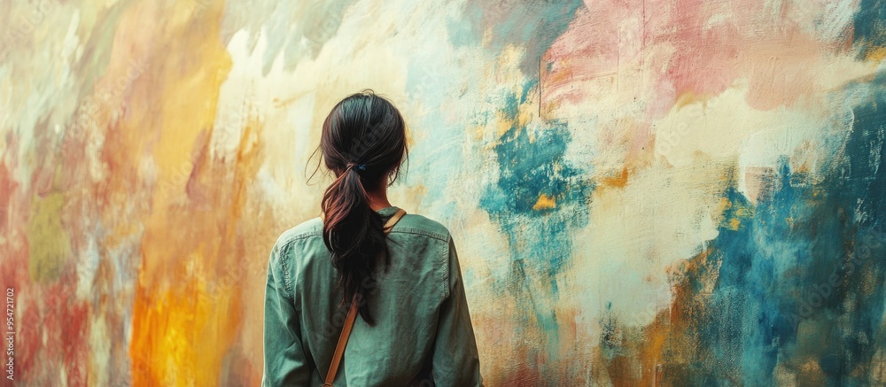 Poster woman painting on the wall. with copy space image. place for adding text or design