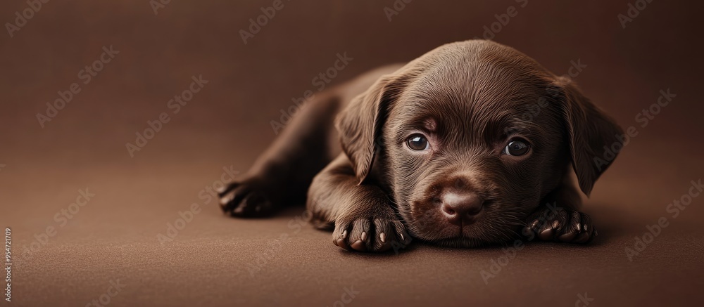 Fototapete a newborn chocolate puppy rests on a horizontal brown background high quality photo with space for a
