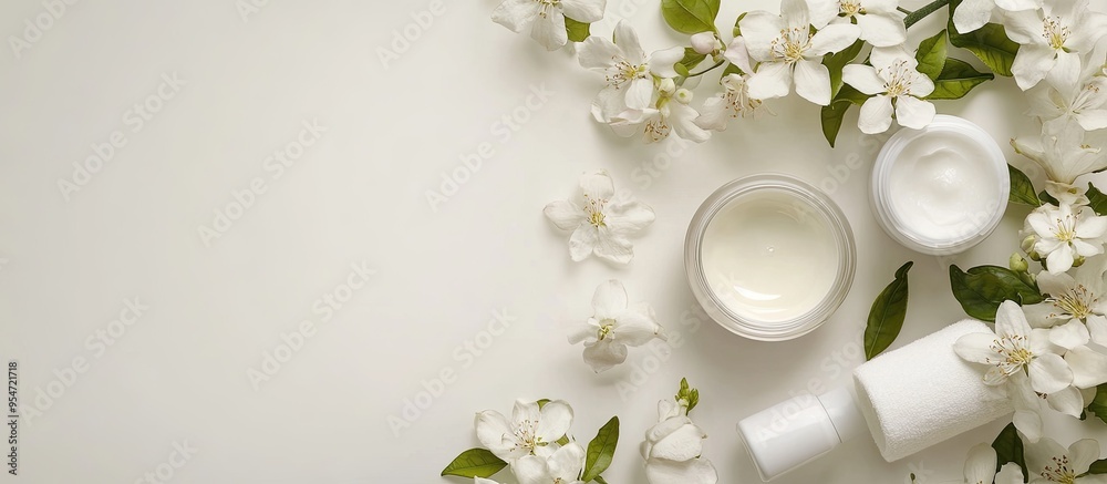 Poster Arrangement of lovely jasmine flowers and skincare items on a white table space for text. with copy space image. Place for adding text or design