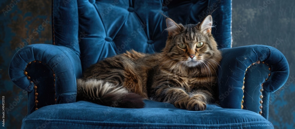 Poster Brown Tabby Fluffy Cat Resting on a Blue Velvet Chair. with copy space image. Place for adding text or design