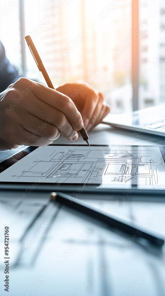 Poster digital sketch of a website layout on a tablet, creative design process, user-centered design approa